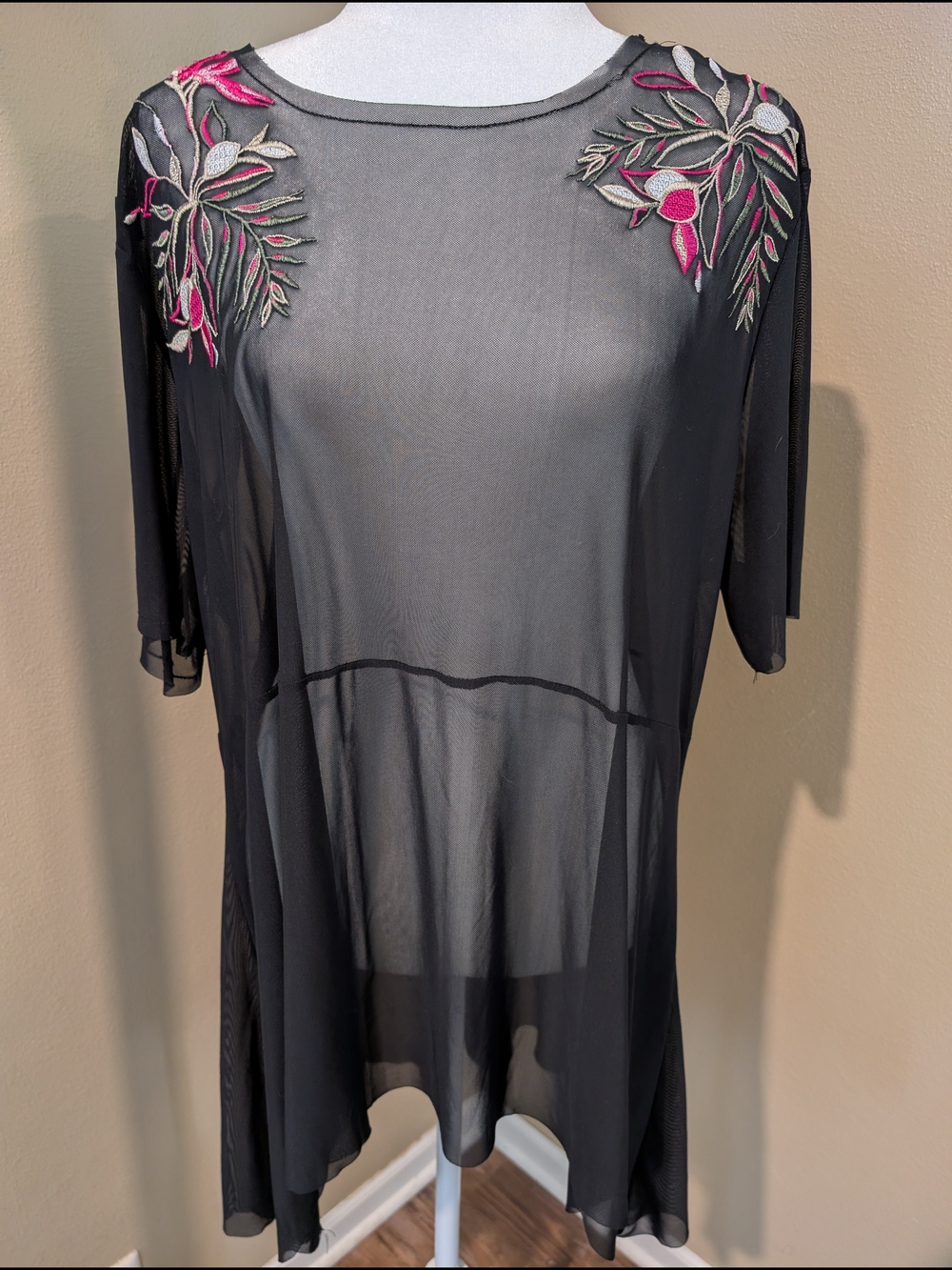 Lane Bryant Black Mesh Tunic with Pink & Cream Floral Embroidery